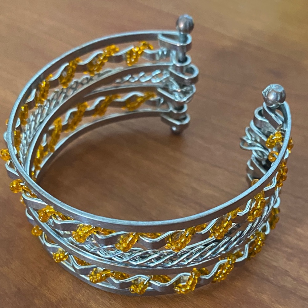 Y2K Silver toned and Orange Beaded Cuff Bracelet